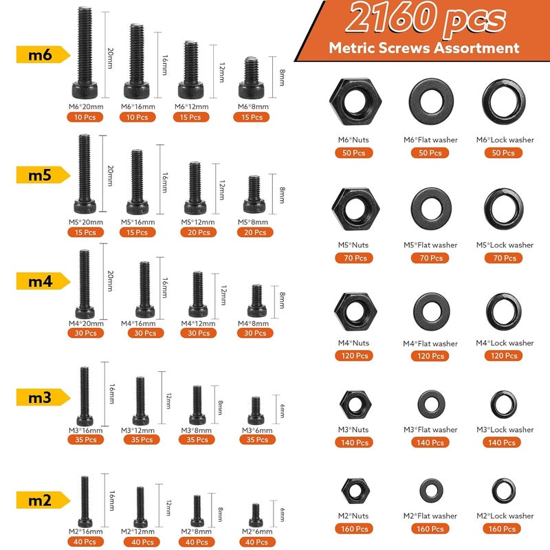 Hapric 2160 Pcs Metric Screw Assortment Metric Bolts M2 M3 M4 M5 M6 Nuts and Bolt Kit, 12.9 Alloy Steel Black Zinc Plated Hex Socket Head Screws Nuts Bolts and Washers Set - Image 2